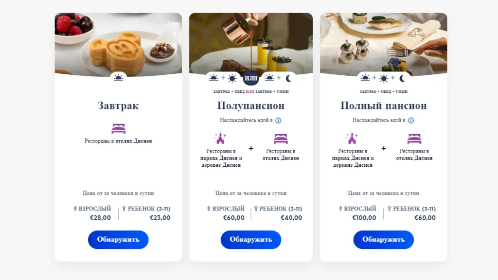 Диснейленд Париж Выбор плана питания на официальном сайте