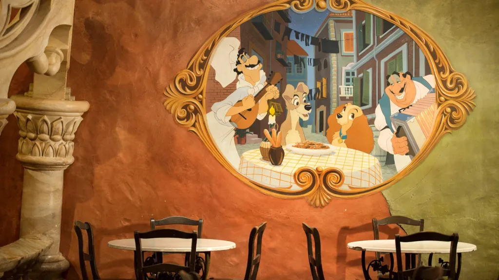 Рисунки на стене в кафе Pizzeria Bella Notte Диснейленд Париж Рисунки на стене в кафе Pizzeria Bella Notte